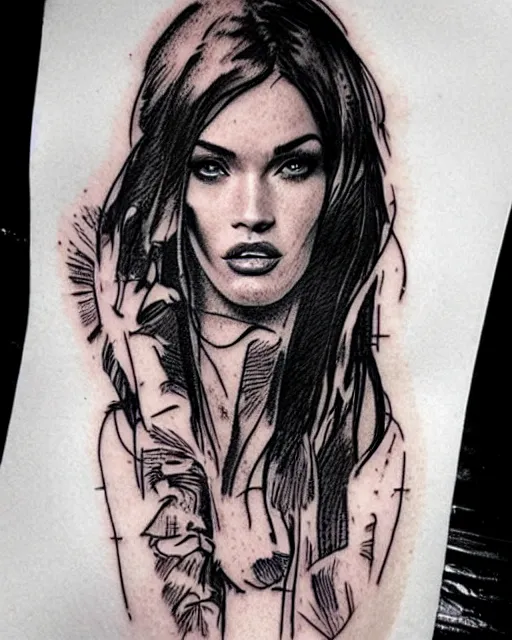 Image similar to double exposure effect tattoo design sketch of a megan fox portrait blended with beautiful mountain scenery, surreal, in the style of matteo pasqualin, amazing detail, sharp
