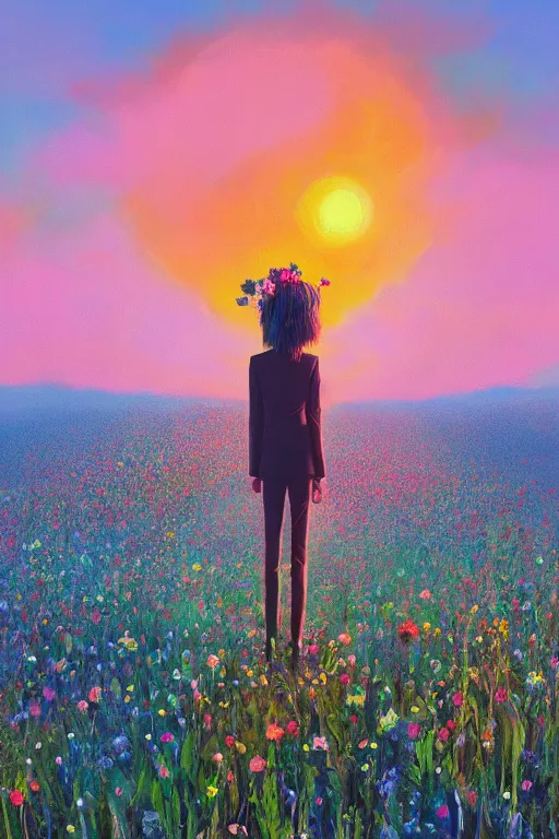 Image similar to closeup, giant flower head, girl in suit standing in a field of flowers, surreal photography, sunrise, blue sky, dramatic light, impressionist painting, digital painting, artstation, simon stalenhag