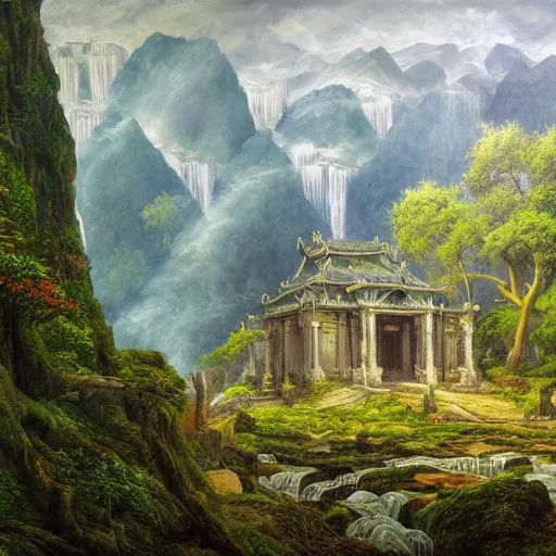 Prompt: a beautiful and highly detailed oil painting of a lost temple in the mountains, detailed trees and grass, rivers and waterfalls, swirling mist, intricate details, epic scale, insanely complex, 8 k, sharp focus, hyper realism, fantasy landscape, psychedelic, by caspar friedrich,