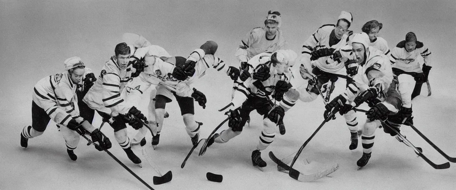 Prompt: detailed sharp photograph in the style of popular science circa 1 9 5 5 of a hockey game