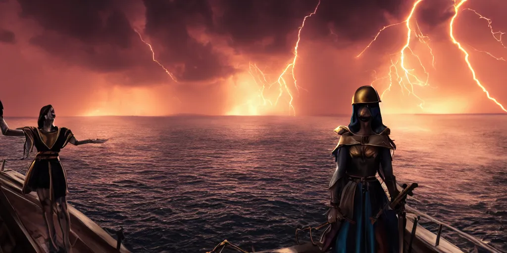 Image similar to epic medieval woman ship pilot standing at the bow of a ship at sea from behind, dramatic dark glowing golden neon sunset with thick wall of lightning storm clouds and violent seas, dynamic lighting, hyperrealistic, hd 4 k, artstation