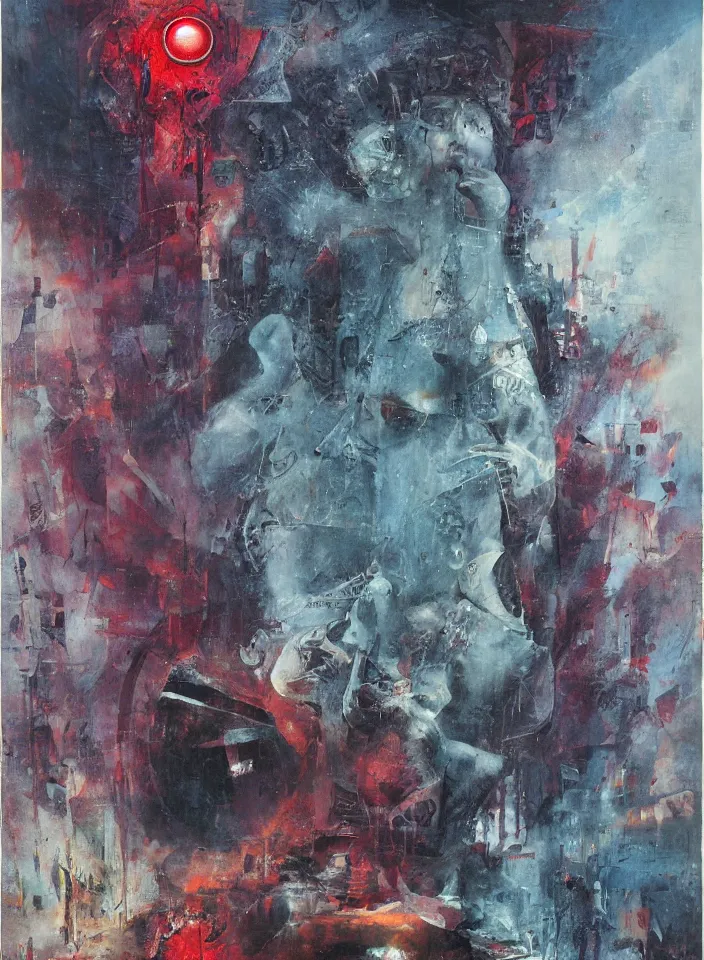 Prompt: the blind liberty of the few, red and purple palette, volume light, fog, by mimmo rotella by ( h. r. giger ) and paul lehr