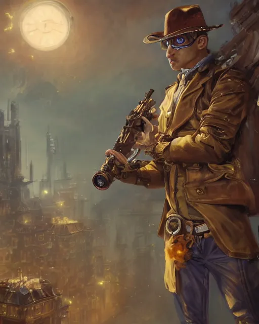 Image similar to oil painting of Anthropomorphized Owl Sniper, holding steampunk gun, sharp focus, exploding golden steampunk city background, full body, heroic pose, fantasy style, octane render, volumetric lighting, 8k high definition, by greg rutkowski, highly detailed, trending on art Station, magic the gathering artwork, centered, dramatic artwork, combat scene