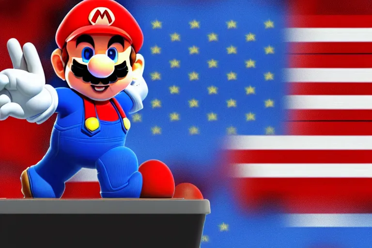 Prompt: super mario as the president of the usa giving a speech to the world, usa flag background, photorealistic, 8 k