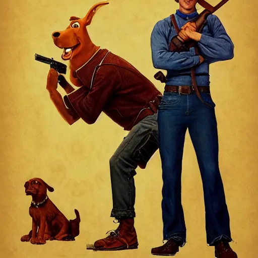 Prompt: Scooby Doo holding a gun, by norman rockwell, no text, trending on artstation, highly detailed, 8k, beautiful, dynamic lighting, realistic fur