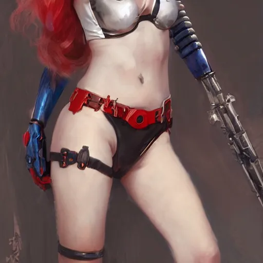 Prompt: portrait of cute Harley Quinn in bikini armor, dc comics, cyberpunk, Warhammer 40000, dark fantasy, digital art from artstation by Ruan Jia and Mandy Jurgens and Artgerm and william-adolphe bouguereau