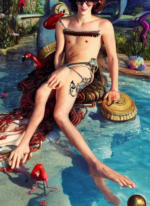 Prompt: young Atlantean king Timothée Chalamet grinning and wearing cholo sunglasses and a heavy bejeweled gold crown reclining poolside with a beautiful flamingo, steelpunk, ghibli studio, nekro, Tom Bagshaw, Craig Mullins, octane 8k, by brian froud, Trending on ArtStation