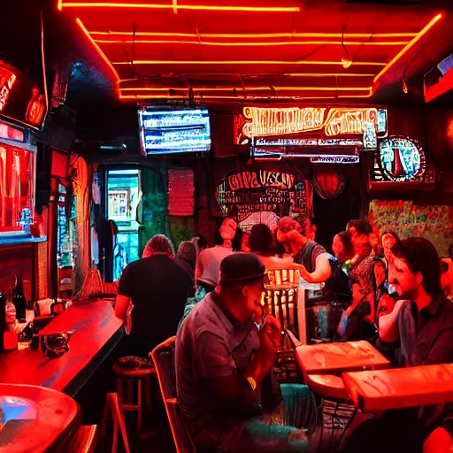 Image similar to a funky band playing at a small bar, red neon lights, good mood, people sitting in tables