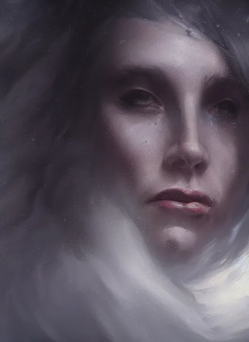 Image similar to a close up portrait of a creepy sea witch with dark turbulent skies, photorealistic, by jessica rossier, 4 k resolution
