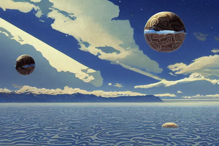 Prompt: a giant ((((metallic)))) floating sphere covered in canadian aboriginal patterns!! hovering above a Yukon lake, (painted by Ralph McQuarrie), matte painting, very detailed, concept art