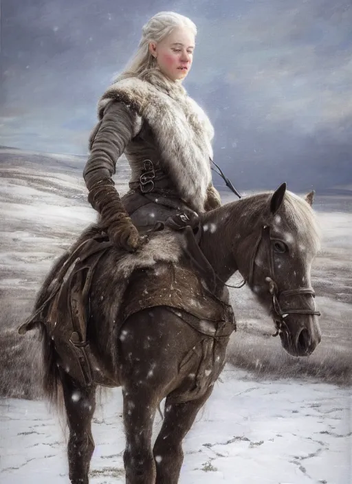 Prompt: portrait of a nordic women in a snowy tundra, the nordic women has a horse, set in game of thrones. by Daniel F. Gerhartz, hyperrealistic oil painting, 4k, very detailed faces, studio lightning