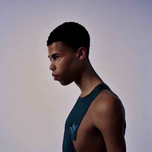 Image similar to realistic photoshoot for a new nike lookbook, color film photography, portrait of a beautiful caucasian person, in style of Tyler Mitchell, 35mm, graflex