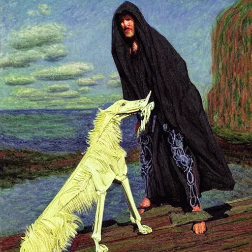 Prompt: The grim robed boatman of the river styx adopts a skeletal borzoi to be his companion in hades, realistic fantasy artwork, greek mythology, oil painting on matte canvas by James Gurney and Charles Monet