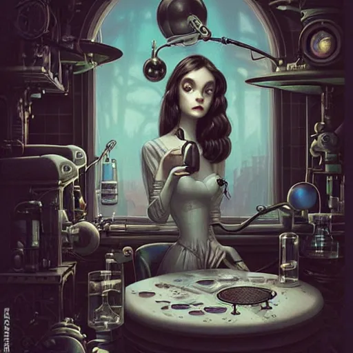 Image similar to Lofi portrait in laboratory, Pixar style by Joe Fenton and Stanley Artgerm and Tom Bagshaw and Tim Burton