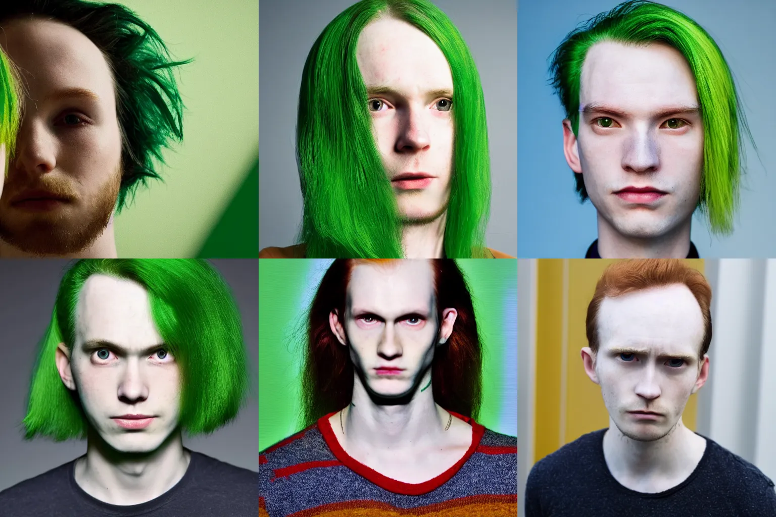 Prompt: a high-quality picture of a short man\'s forehead, short unkempt green hair, pale skin, eyes barely visible, looking up, in color