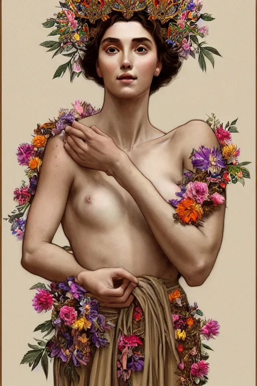 Image similar to body portrait of beautiful roman godess wearing a robe of flowers, wearing a crown of leaves, full body portrait of a young beautiful woman low angle by terry o'neill intricate, elegant, highly detailed, digital painting, artstation, concept art, smooth, sharp focus, illustration, art by artgerm and greg rutkowski and alphonse mucha, 8 k