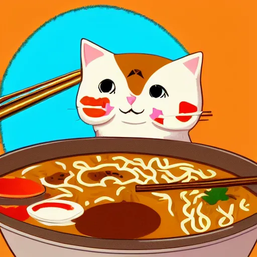 Prompt: Cute kawaii cat eating a bowl of ramen in The Legend of Zelda Breath of the Wild, toon shading, npr, portrait, no background