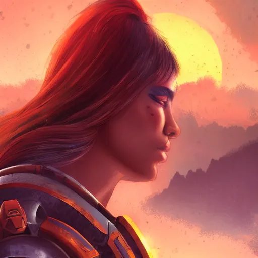 Prompt: beautiful space marine girl with long hair looking at an destructed village in a sunset, highly detailed, digital art, trending on artstation,