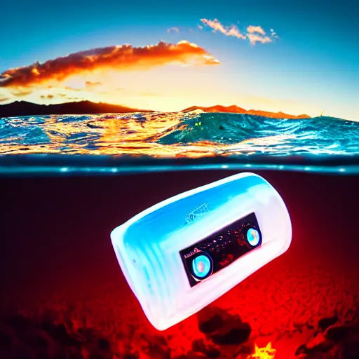 Prompt: 4 k somy a 7 wide angle photo boombox speaker half submerged in water with a wave rolling over it in hawaii at dusk with neon lighting