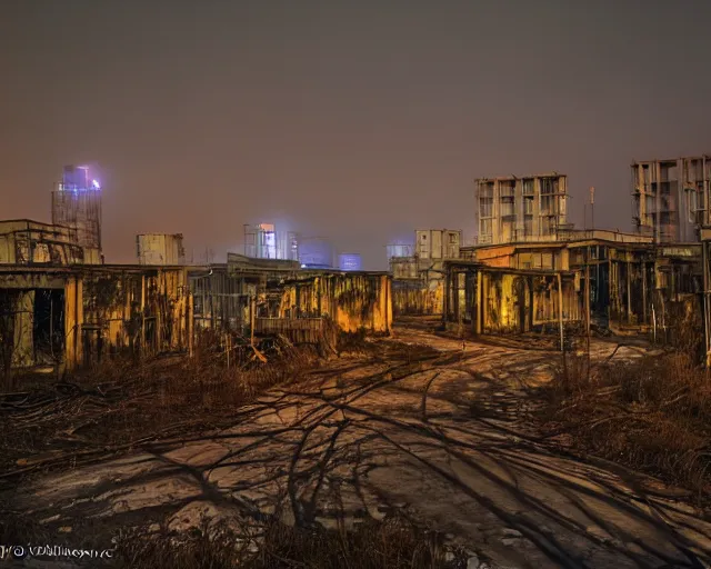 Image similar to national geographic color photo of the city of pripyat at night, long shutter