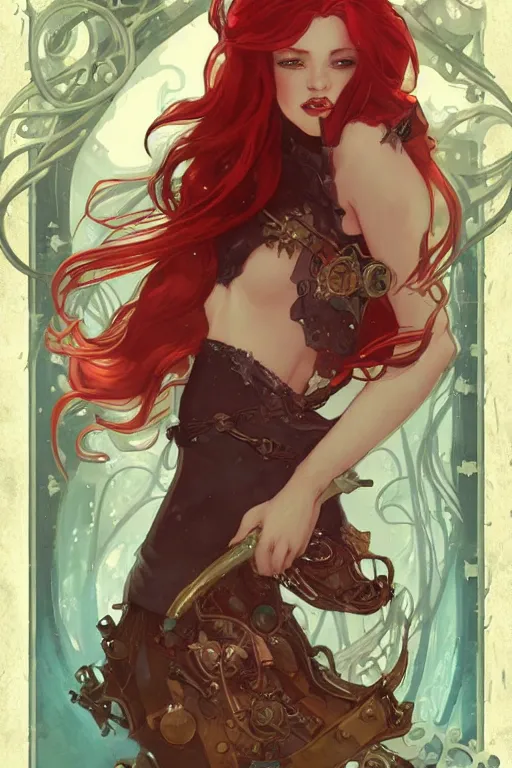 Image similar to ariel little mermaid steampunk, red hair, high fantasy, dnd, smooth, sharp focus, illustration, highly detailed, digital painting, artstation, concept art, by disney animation, rossdraws, alphonse mucha, frank fanzzeta, collectible card art