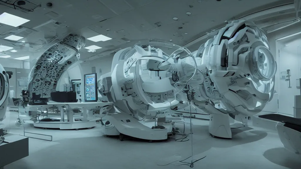 Image similar to a huge octo mri machine and control panels in the inspection room, film still from the movie directed by denis villeneuve with art direction by salvador dali, wide lens