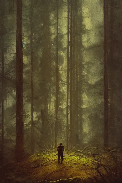 Prompt: detailed cinematic moody colors studio portrait of an astronaut standing in a dense forest, high quality by jeremy mann, only one head single portrait