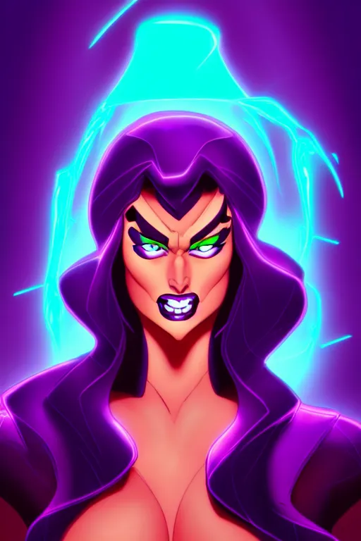 Prompt: a supervillainess with hypnotic powers, glowing energy effects, full color digital illustration in the style of don bluth, artgerm, artstation trending, 5 k