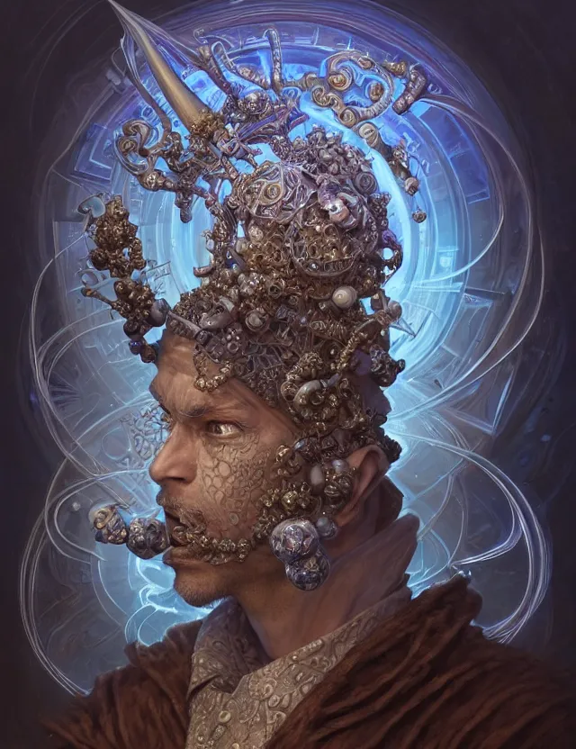 Image similar to front shot of a court jester character, hyperdimensional, bioluminescent hypercubes, ((intricate)), elegant, highly detailed, centered, (((artstation, concept art, smooth, sharp focus, artgerm, Tomasz Alen Kopera, Peter Mohrbacher, donato giancola, Joseph Christian Leyendecker, WLOP, Boris Vallejo))), mugshot!!!!!, ugly!!!!!!, octane render, nvidia raytracing demo, grainy, muted, 8K, digitalblasphemy