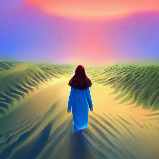 Image similar to closeup giant dahlia flower face, girl walking between dunes, surreal photography, sunrise, blue sky, dramatic light, impressionist painting, digital painting, artstation, simon stalenhag