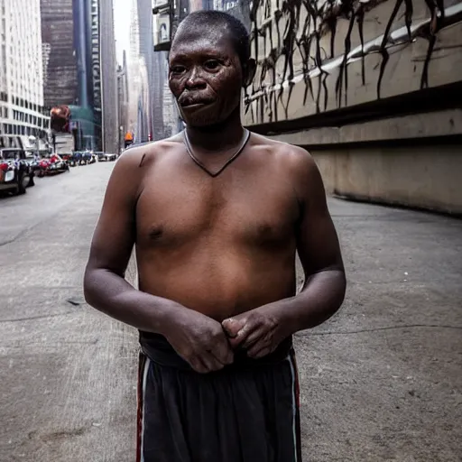 Prompt: a native man from an uncontacted Congolese tribe is brought into modern day New York and experiences severe shock, portrait photography