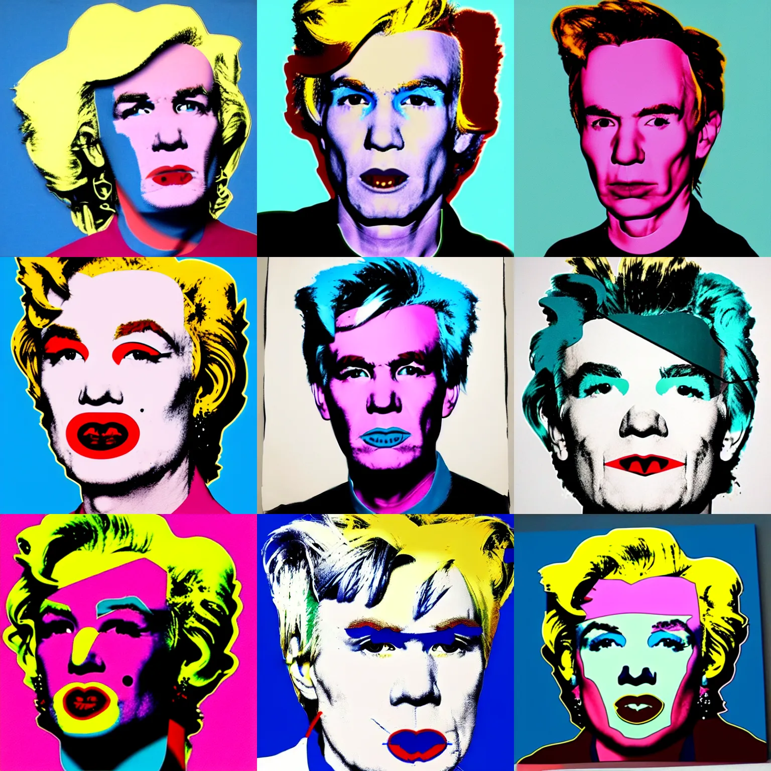 Prompt: colour portrait of angry andy warhol, 30 years old, who looks sternly at us, with shoulders visible in the frame. in the style of andy warhol