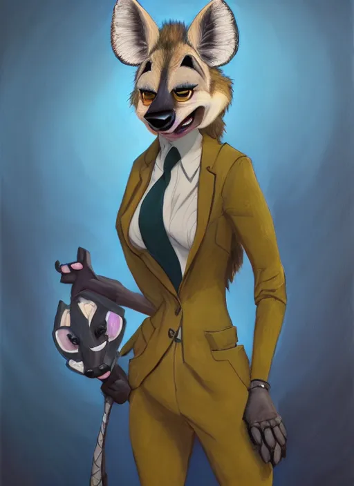 Image similar to oil painting detailed full body of anthromorphic female hyena, in style of zootopia, zootopia, zootopia, fursona, furry, furaffinity, 4 k, deviantart, furry art, fursona art, wearing black business suit, business suit, in style of zootopia, hyena fursona, cyberpunk, female, expressive, detailed feminine face,