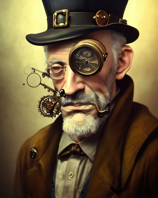 Image similar to steampunk old man portrait, handsome, steampunk hat, detective coat, steampunk monocle, smoking pipe, hyper realistic 3 d render by ilya kuvshinov, peter mohrbacher, greg rutkowski, ryohei hase, dramatic lighting, intricate, highly detailed, sharp focus, luminous, unreal engine, blender, deviant art, masterpiece, ray tracing