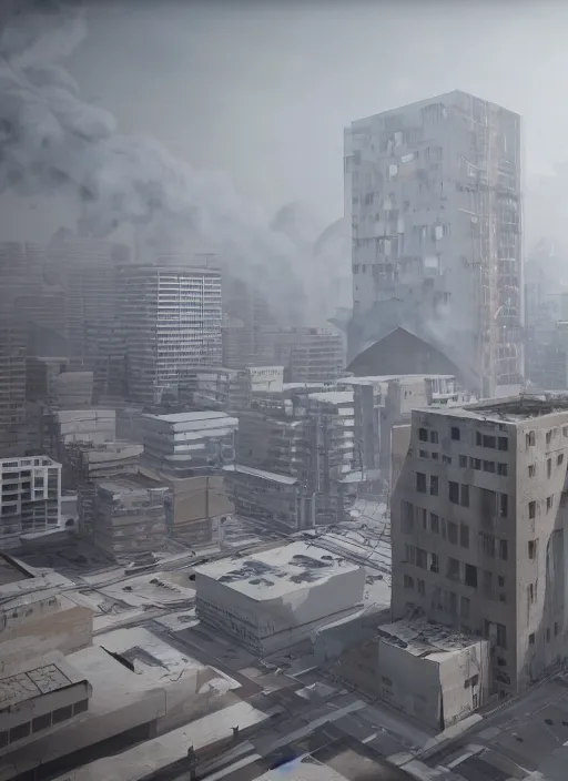 Prompt: Giant concrete building hovering above a city, dragging cables, dust debris and smoke all around | hyperrealistic | highly detailed Dystopic | Cinema 4D