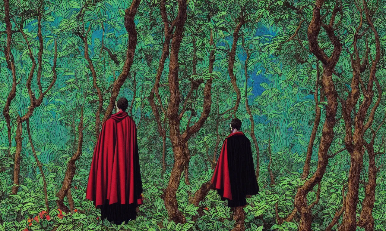 Prompt: a vibrant - colored ultraclear sideview of man wearing black cape hoodie in lush amazon landscape by laurie greasley and rene magritte, ( ( etching by gustave dore ) ), colorful flat surreal, ethereal, intricate, sharp focus, illustration, highly detailed, digital painting, concept art, masterpiece