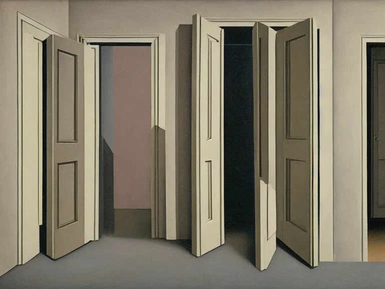 Image similar to endless buildings blending into doors painting by rene magritte, high detail, high resolution