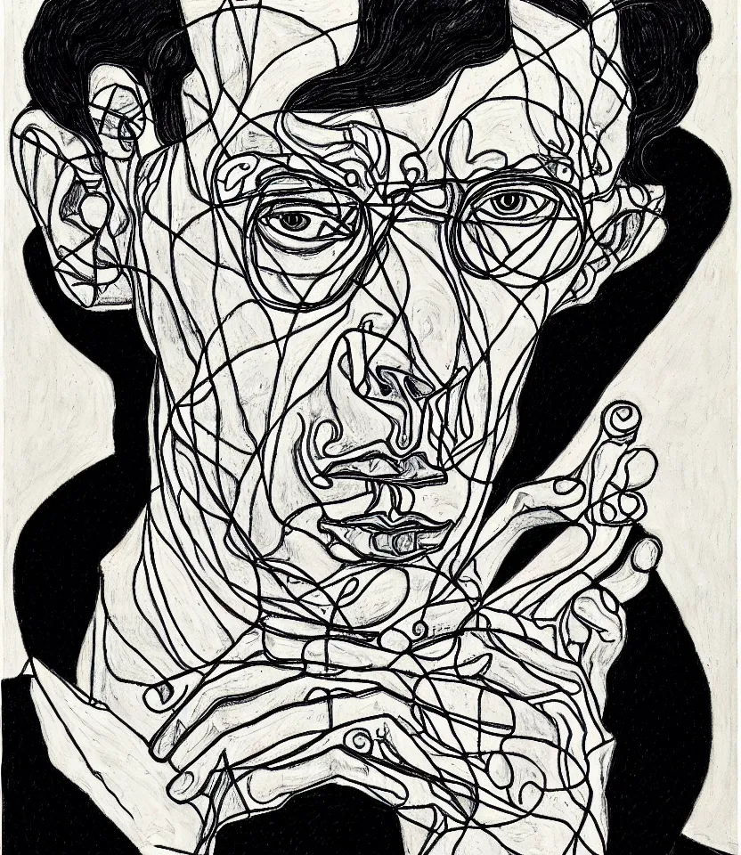 Prompt: elegant line art portrait of igor stravinsky. inspired by egon schiele. contour lines, musicality, twirls, curls and curves, strong personality, staring at the viewer