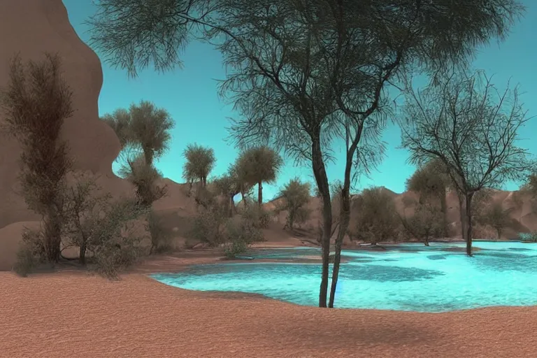 Image similar to desert oasis in a translucent aqua casing electronic environment, ps 3 screenshot, still from a kiyoshi kurosawa movie