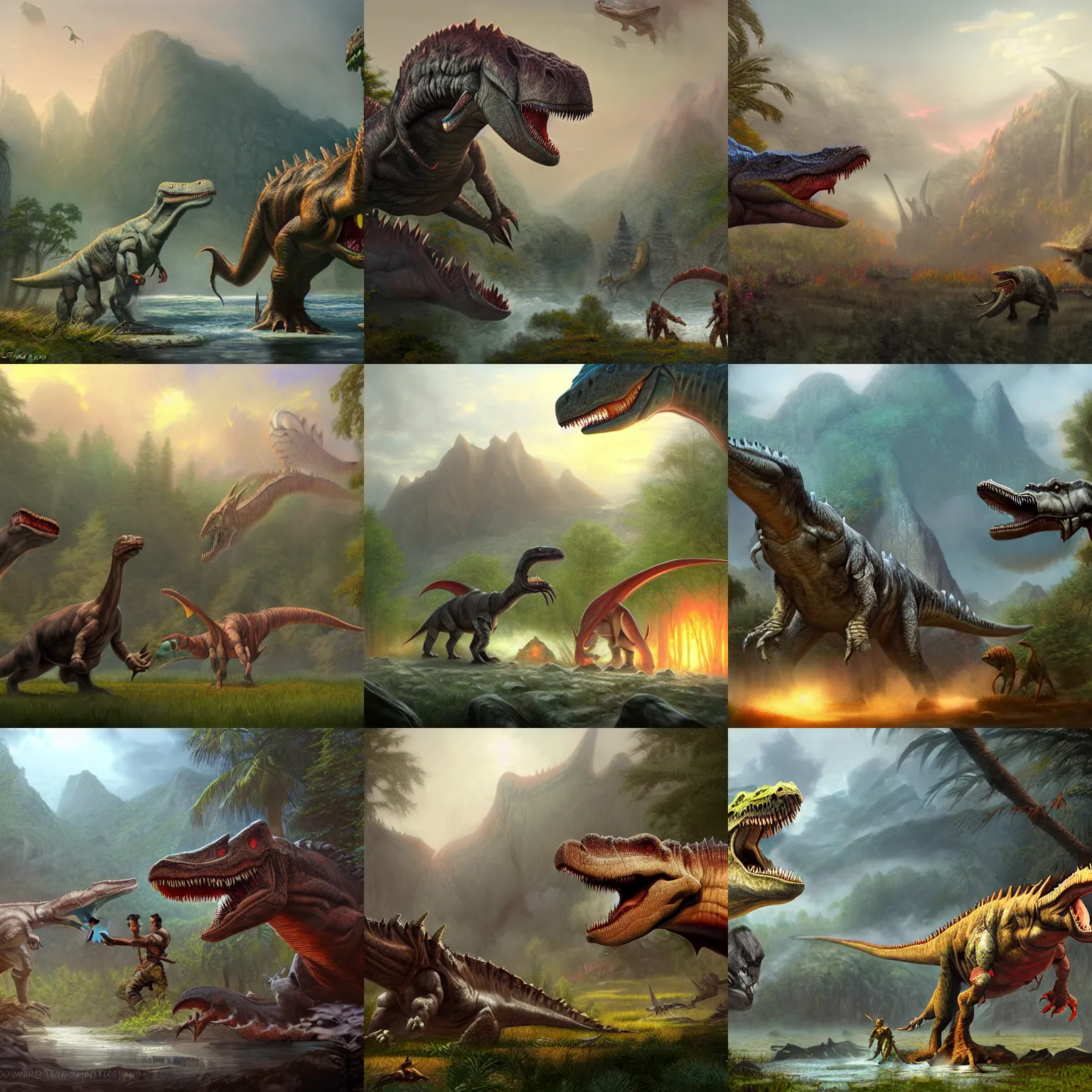 Prompt: matte painting of turok vs dinosaur monsters, artwork by artgerm, style of thomas kinkade and greg rutkowski, ray traced