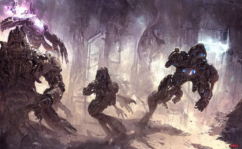 Image similar to cybernetic neo - predator mind transfer, sci - fi fantasy illustration by craig mullins