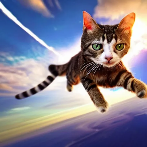 Prompt: A hyper realistic photo of a superhero cat flying in the sky. The sky is blue and it’s sunny. She is accelerating very fast