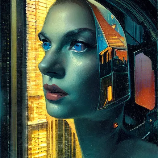 Image similar to detailed face of a feline woman, moment, cyberpunk cloisters, electronic billboards, tech noir, wet reflections, prism, atmospheric, ambient, pj crook, syd mead, livia prima, greg rutkowski, edward hopper