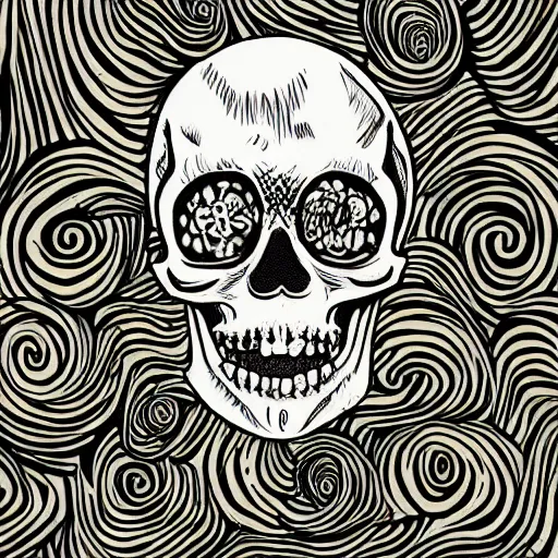 Prompt: A skull with lots of spirals in the style of junji ito