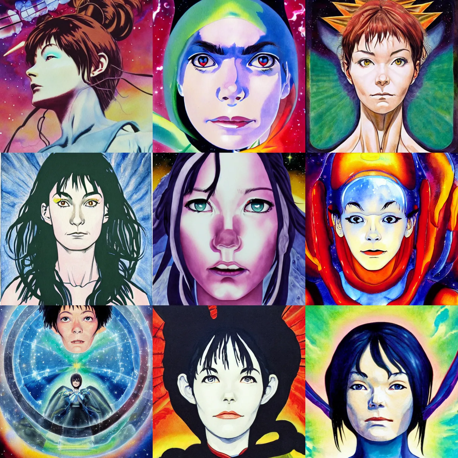 Image similar to end of evangelion poster, photorealistic portrait of bjork's face, cosmic bjork, lifelike bjork painted in watercolor by william blake, 1 8 2 6.