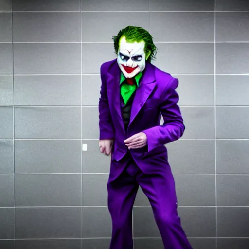 Image similar to the Joker doing a funny little dance in the public restrooms, fully body photo, realistic, blue lighting