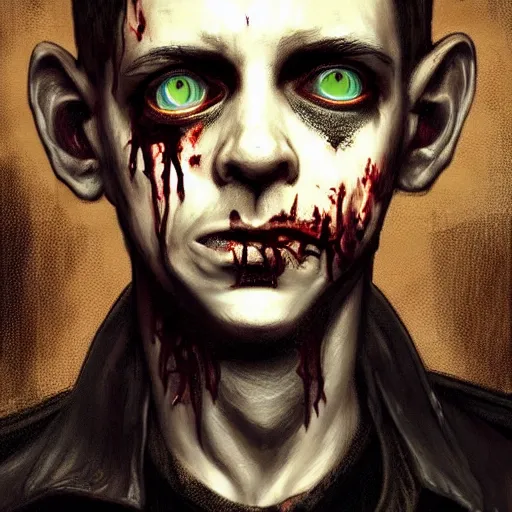 Image similar to young martin from depeche mode as a zombie with light eyes, 7 days to die zombie, gritty background, fine art, award winning, intricate, elegant, sharp focus, cinematic lighting, digital painting, 8 k concept art, art by michael hussar, art by brom, art by guweiz and z. w. gu, 8 k