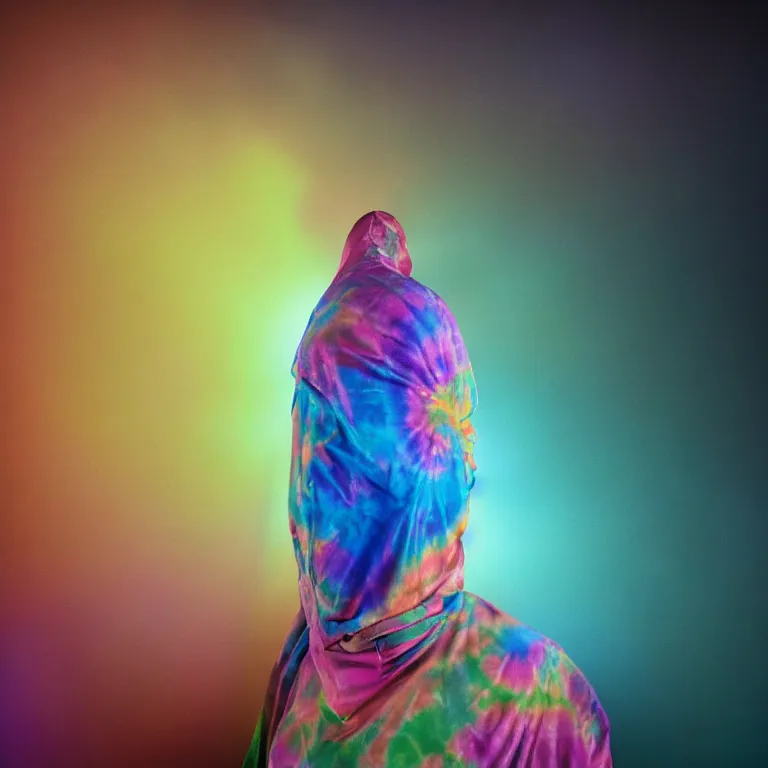 Prompt: octane render portrait by wayne barlow and carlo crivelli and glenn fabry, a woman wearing a skintight bright colorful tie - dye bedsheet costume, backlit, dramatic lighting, fog and mist, cinema 4 d, ray traced lighting, very short depth of field, bokeh