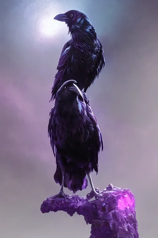 Image similar to portrait of a beautiful one raven perched on purple crystals that are glowing in a misty valley, establishing shot, extremly high detail, foto realistic, cinematic lighting, by yoshitaka amano, ruan jia, kentaro miura, artgerm, post processed, concept art, artstation, raphael lacoste, alex ross