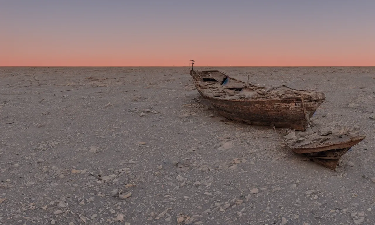 Prompt: an abandoned ship in the aral sea desert, setting sun, photorealistic, 4k, very detailed